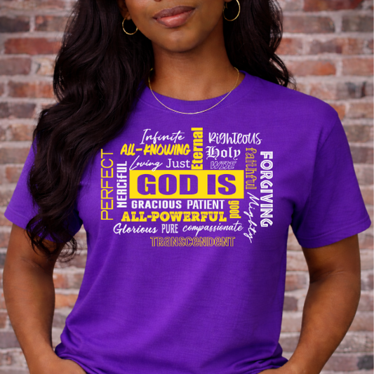 God Is DTF Transfer – Christian Faith Heat Transfer | All-Knowing All-Powerful Merciful Forgiving Design | Ready to Press