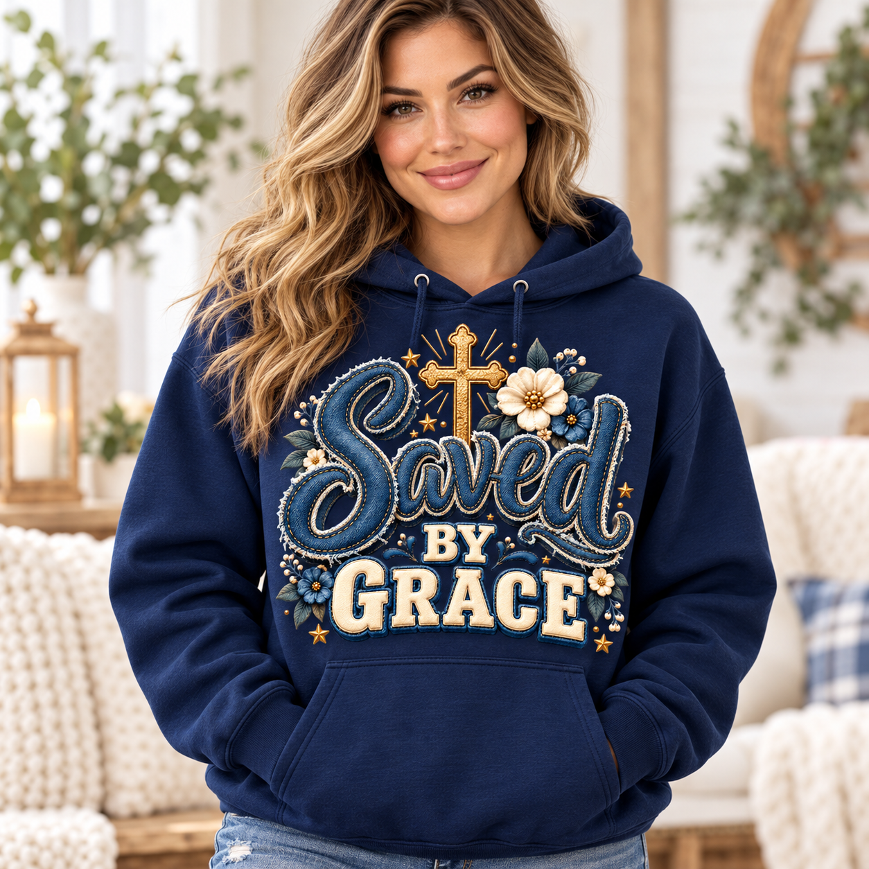 Saved By Grace denim patch cross design on a navy hoodie, model mockup