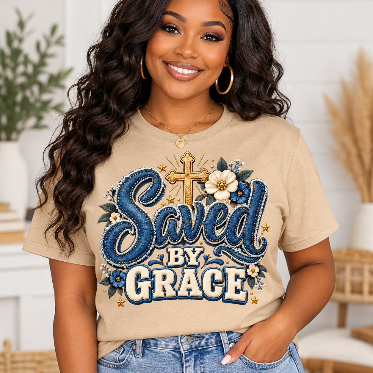 Saved By Grace denim patch cross design on a tan t-shirt, model mockup